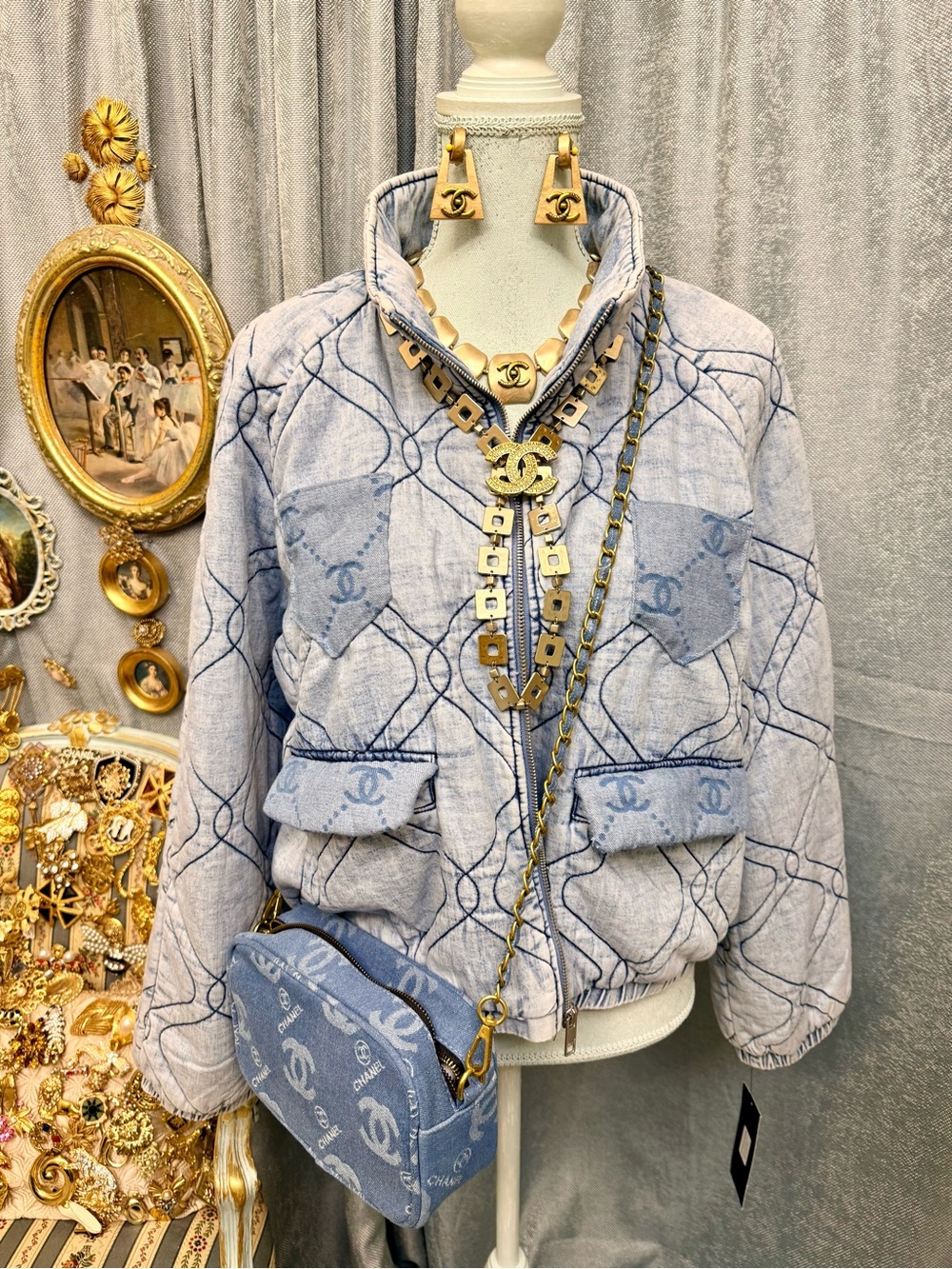Blue Cloud Quilted Denim Bomber with Custom Couture Pockets